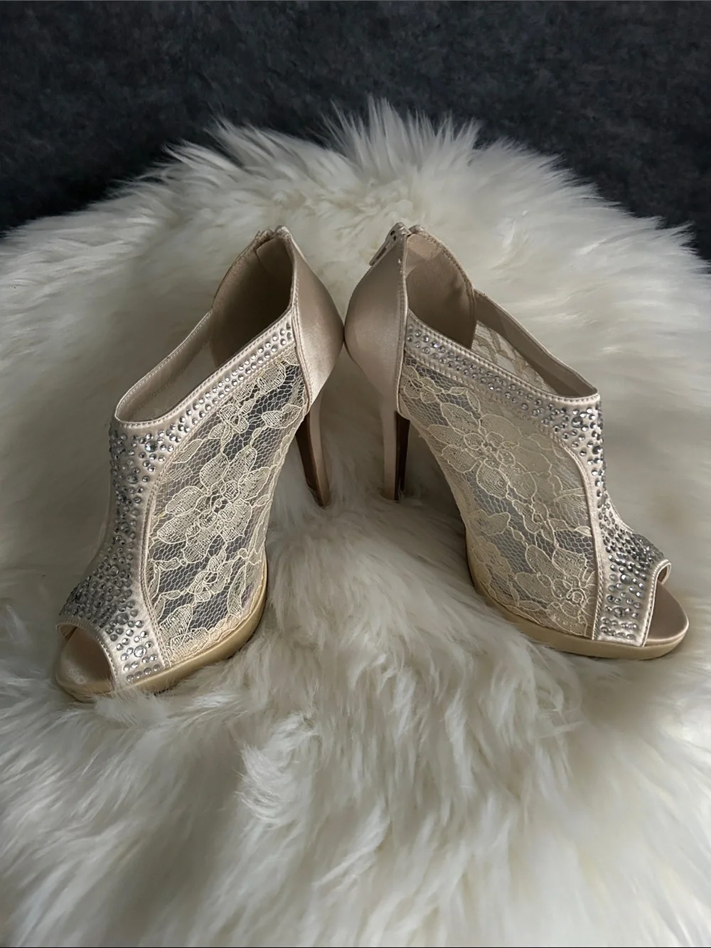 Michaelangelo Champagne Lace Peep-Toe Heels with Rhinestones